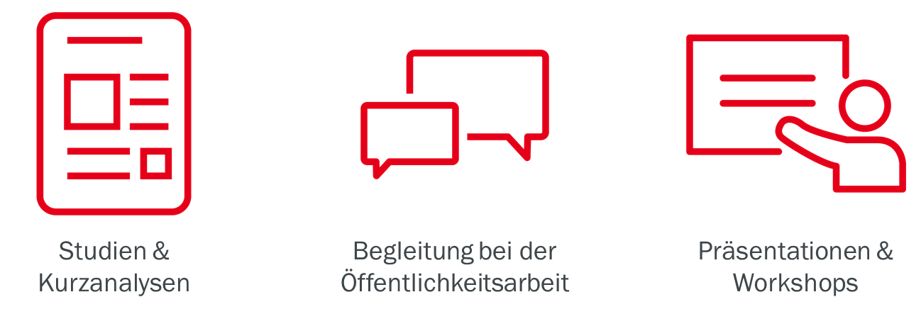 Studien, Kurzanalysen, Begleitung bei der Öffentlichkeitsarbeit, Präsentationen und Workshops