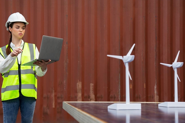 2	Junge Studentin, die lernt und experimentelle Wind- und Sonnenlicht erneuerbare Energien in Ingenieurwesen.