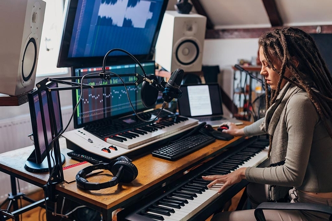 Coole und kreative Künstlerin, die an der Audioproduktion arbeitet, von zu Hause aus, in ihrem modernen Musikstudio.