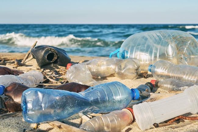 An einem Strand lieg viel Plastikmüll
