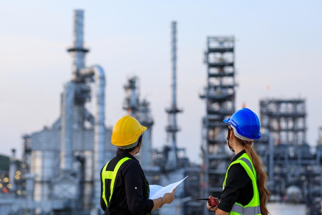 Zwei Frauen vor einer Industrieanlage