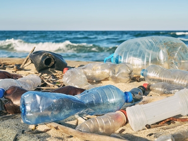 An einem Strand lieg viel Plastikmüll