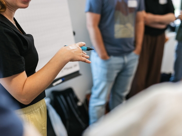 Gruppe diskutiert an einer Flipchart