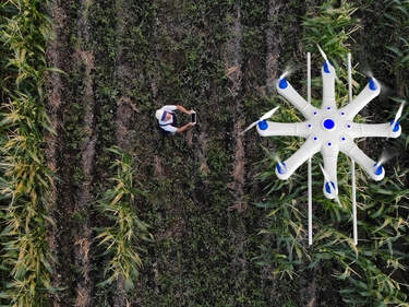 Landwirt sprühen seine Kulturen mit einer Drohne