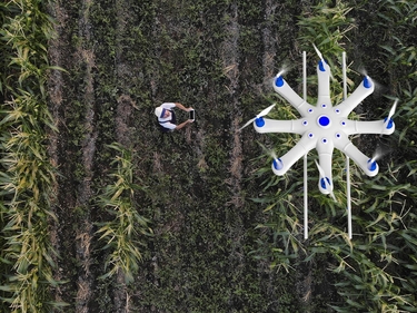 Landwirt besprüht sein Feld mit einer Drohne