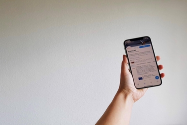 Ein Smartphone mit dem Prognos-Twitter-Account wird vor einer weißen Wand hochgehalten.