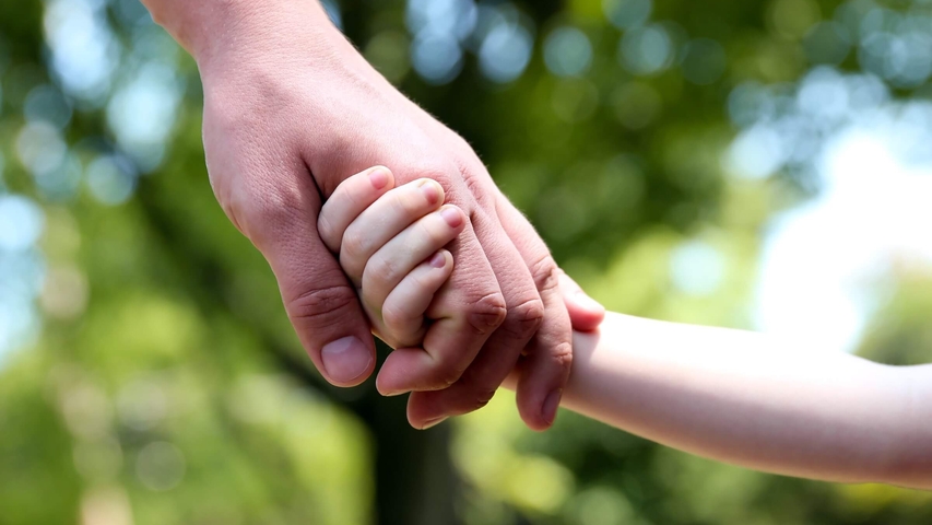 Vater hält die Hand eines kleinen Kindes, im Hintergrund Bäume und Sonnenschein